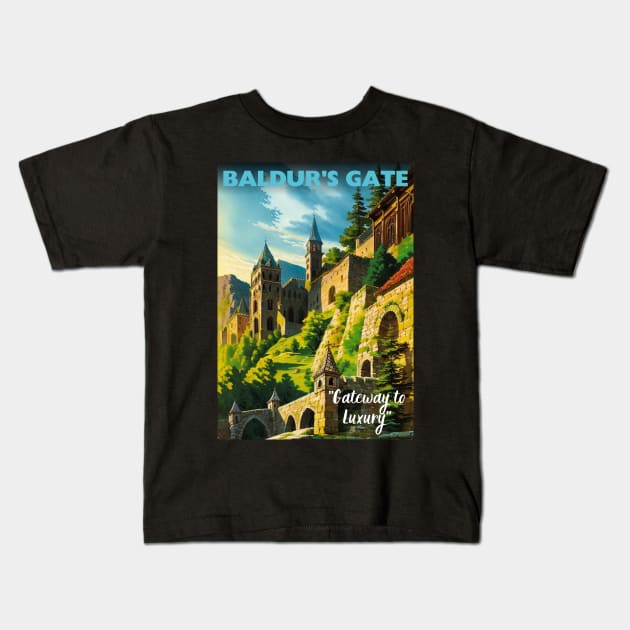 Baldur's Gate Tourism Poster - Sword Coast Faerun D&D Art Kids T-Shirt by CursedContent